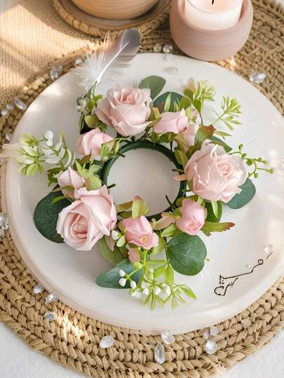 Künstlicher Rosenkreis Kerzenhalter, Boho-Stil Hochzeit Tischdekoration, romantische Tischdekoration für Zuhause, Partys, Abendessen
