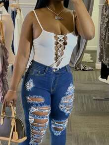 Plus Size Women's Pocket Distressed Skinny Fit Jeans - 中等水洗藍 - 查看 4