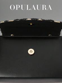 OpulAura Summer Vacation Style Woven Clutch Bag, Fashionable Floral Pattern Straw Texture Handbag, Party/Evening Bag, Random Cut, Suitable For Women, Suitable For Party, Wedding, Prom, Very Suitable For Party, Wedding, Prom Evening/Banquet, Paired With Holiday Party Dresses, Evening Gowns And Beachwear - Black - View 6