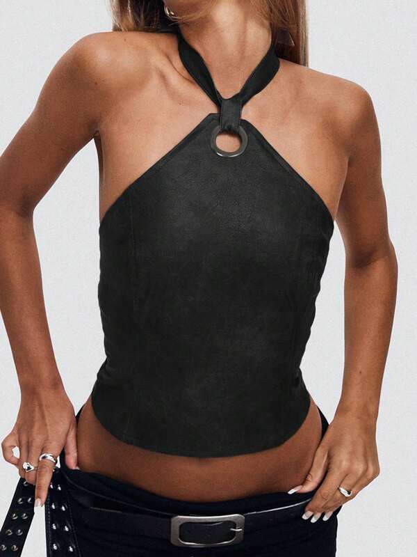 Vintage Halter Bandage Leather Tank Tops Sexy Backless Ring Slim Fit Women PU Vests Stunning Spring Summer Streetwear Hot Girl Tops