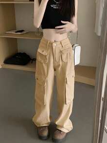 女士卡其色工装裤，新款休闲直筒复古棕色长裤，春秋