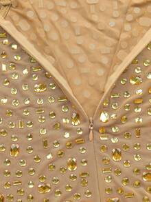 Fashion Elegant Women's Mesh Sparkling Rhinestone Gold See-Through Slim Sexy Long Graduation Dresses Festival - Apricot - View 5