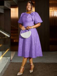 大码女士玫瑰提花泡泡袖A字毕业礼服，适合通勤、优雅鸡尾酒会、半正式舞会、生日、婚礼宾客、毕业典礼、晚宴、返校节等场合，也适合情人节和春季穿着。 - 紫色 - 查看 4