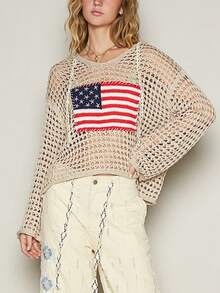 Women's American Flag Crochet Sweater Long Sleeve Hollow Out Lightweight Knit Hoodie 2025 Summer Beach Cover Up Tops - 米色 - 查看 3