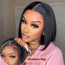 Glueless Wigs Human Hair Bob Straight Human Hair Lace Front Wigs For Beginners 100% Glueless Wigs 13x4 Lace Closure Human Hair Wig For Women Pre Cut Lace Natural Color 200% Density - Natural Black - 查看 2