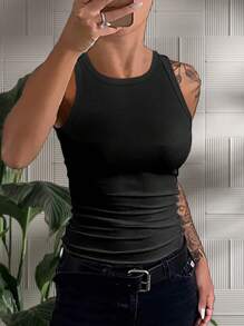 Damen ärmelloses Rundhalsausschnitt Basic Rippstrick Tight Fit Tank Top