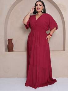 Plus Size Long Dress V Neck Short Sleeve - Burgundy - View 5