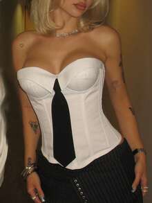 Yuwenier Y2K College Style Boned Top With Bow Tie Decoration, White Bustier Overbust Strapless Lace-Up Backless Shapewear Crop Tube Tops For Valentine's Day - White - View 3