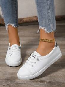 Plus Size Women White Sneakers, Fashion Flat Casual Lace-Up Sport Shoes For School, Versatile Trainers (Please Order One Size Up As The Shoes Run Small)