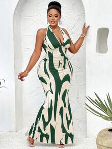 女式加大码春夏性感露背蝴蝶结连体裤，优雅商务休闲服 - 杏底綠花 - 查看 2