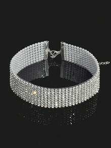 1pc Rhinestone Choker Necklace Suitable For Women, Suitable For Wedding, Party, And Daily Wear - Silver - View 1