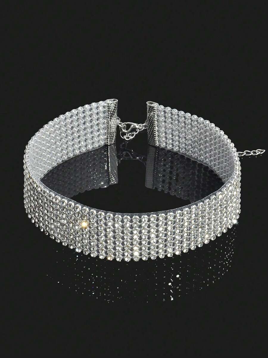 1pc Rhinestone Choker Necklace Suitable For Women, Suitable For Wedding, Party, And Daily Wear - Silver - View 1