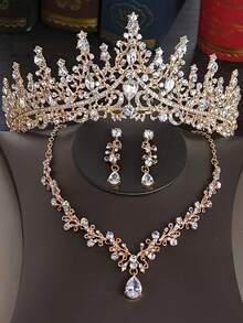 4 件套女士新娘婚礼金皇冠项链耳环精美婚礼派对配饰套装 - 生日派对、选美比赛、舞台表演、皇冠耳环、项链、头饰 - 銀色 - 查看 4