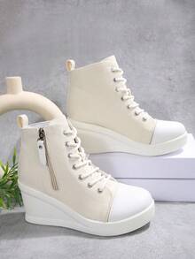 秋冬女士休闲帆布坡跟隐形增高运动鞋 - 白色 - 查看 2