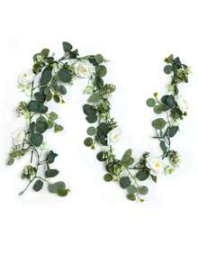 2 pièces Guirlande d'eucalyptus artificielle pour la décoration de la chambre, fausses fleurs de feuilles de soie d'eucalyptus à dollar argenté, couronne de verdure en rotin fait main. Convient pour le mariage, la remise des diplômes, la fête, la décoration intérieure et extérieure, l'arche, le mur, la porte, la cheminée, les fenêtres et le dîner à la maison