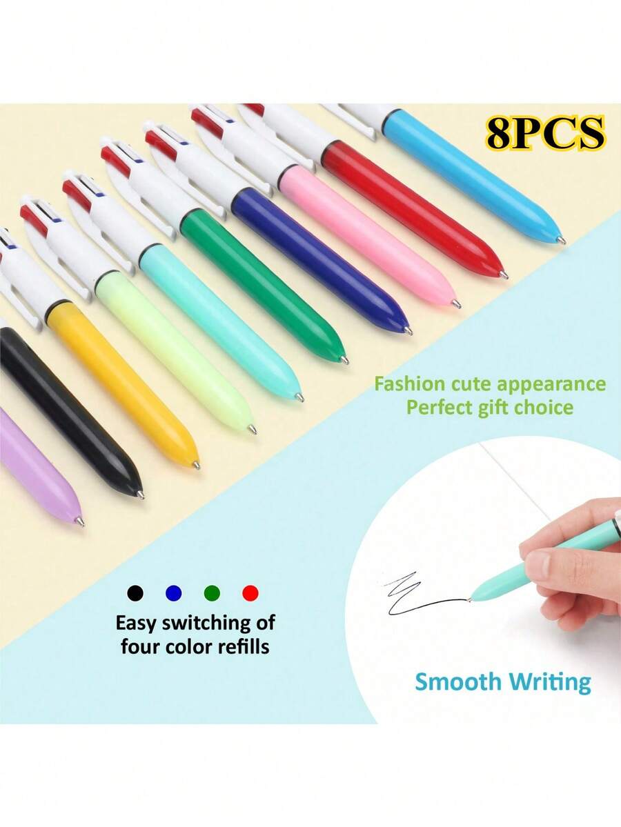 8 支装多色圆珠笔 1.0 毫米，4-N-1 彩色笔，细尖可伸缩可爱护士笔，4 色笔合一，适合学校、学生护士笔记、白垩、办公用品返校 - 彩色 - 查看 1