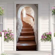 2D Door Plaque, 1Pc Polyester Elegant Staircase Themed Door Panel - Polyester, 70.8"X35.4", Corded, Comfortable Cafe Style Door Sign With Stone Arch And Wooden Staircase Design, Suitable For Home Indoor Decor, Multi-Purpose Great For Housewarming, Graduation, Retirement Party, Confirmation, Bachelor Party And Holidays Like Easter, St. Patrick's Day, Ramadan, Seasonal Home Decor.