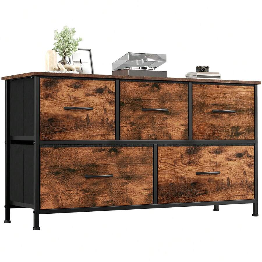 Somdot Nightstand Dresser With 5 Drawers Chest Of Vertical Fabric Storage Cabinet Dresser For Bedroom Office Laundry Closet Entryway Hallway Nursery Room - 紅木色 - 查看 1