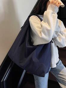 2025新款海军蓝尼龙布包大容量纯色单肩包日韩休闲风大学生手提包百搭简约轻便可折叠侧边双拉链口袋时尚实用通勤旅行手提包 - 藏蓝色 - 查看 3