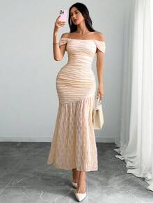 Vestido elegante y sexy de mujer con doble capa asimétrica y ondulada brillante que se puede usar como un hombro - Albaricoque - Ver 2