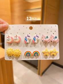 12 件可爱彩色夹式耳环，女孩无穿孔耳环配饰