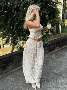 Women's Summer Solid Color Sexy Semi-Transparent Halter Tie Ruched Lace Trim Camisole And Maxi Skirt Set, Vacation Outfits For Women, Valentine's Day - Beige - View 5