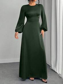 Women's Elegant Solid Color Round Neck Lantern Sleeve Slim Waist Dress - Green - View 3