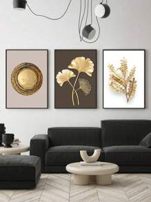3 pièces Art mural moderne, œuvre d'art décorative dorée, Affiche imprimée de feuille de Gingko, Peintures sur canevas de feuilles, Art mural élégant, Peintures classiques, Esthétique de la pièce, Décoration de la maison, Cadeau idéal, Pour le salon, la chambre à coucher, la salle de bain, Cadre en option