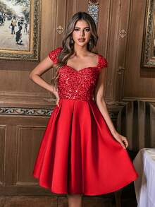 Faeriesty 优雅女士甜心领晚礼服，闪亮亮片与缎面撞色，尽显奢华质感，完美适用于红毯、盛大晚宴、婚礼及奢华派对，包括婚宴、化装舞会、神秘花园派对、正式晚宴、黑领结活动、毕业典礼及生日派对等场合，亦可作为春季或夏季连衣裙穿着。 - 紅色 - 查看 5