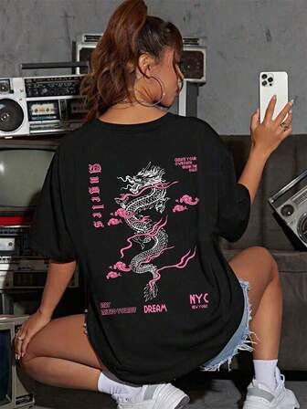 Unisex Casual Dragon Print Short Sleeve T-Shirt, Fashion Street Style Commuter Tee For Spring Summer All Seasons