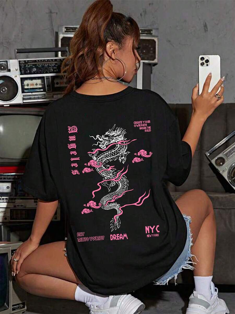 男女款休闲龙纹印花短袖 T 恤，时尚街头风格通勤 T 恤，适合春夏四季