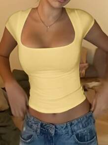 Camisetas de mujer con cuello cuadrado, tops cortos de salida, camisetas de manga corta, ropa de verano linda, básicos