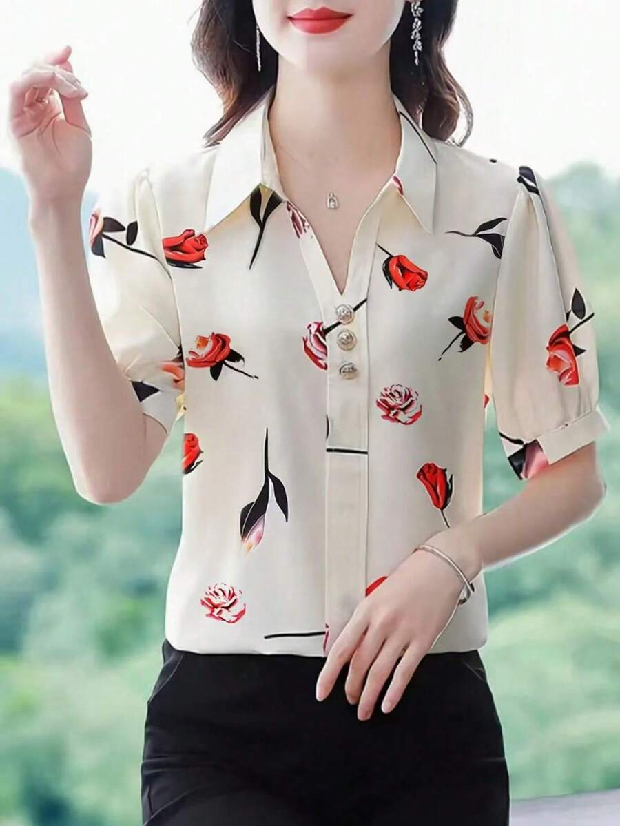 Cămașă la modă cu mânecă scurtă cu imprimeu floral pentru femei - Multicolor - Vizualizare 1