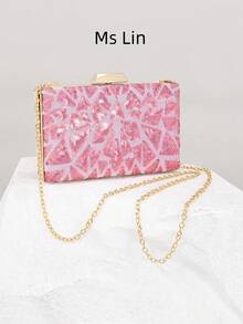 Mini Purple Party Clutch Bag (Random Pattern, Unique), Elegant & Delicate Sequin Embroidered Ladies' Square Purse, Box Bag Suitable For Party, Wedding, Prom, Office, Outing, Business Trip - Pink - View 2