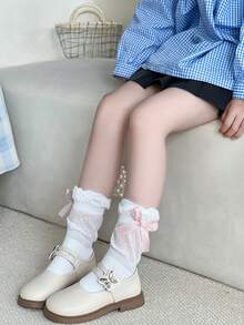 1 Pair Girls Thin Long Socks With Bow Lace Details, Princess Style Solid Color Mid-Calf Socks For Teens And Children - Multicolor - View 9