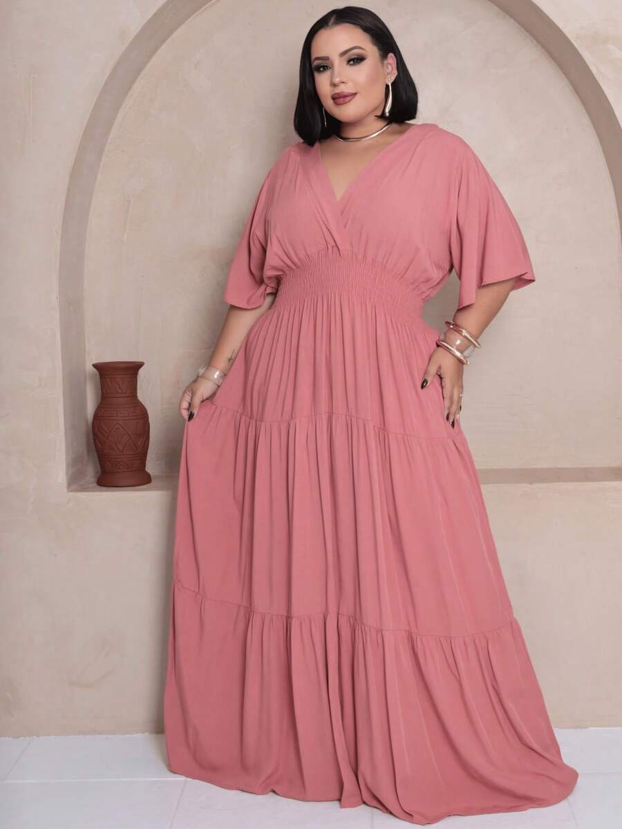 Plus Size Long Dress V Neck Short Sleeve - Burnt Pink - View 1