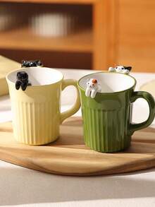 DearDali 1pc 300ml Hand-Painted Embossed Cat Ceramic Coffee Mug, Cute For Women, For Microwave, Ideal For Coffee Lovers, Creative Birthday/Wedding Gift - Green - View 9