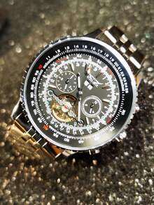 JARAGAR 1 pieza Reloj de hombre deportivo de marca top de lujo, multifuncional con pantalla de fecha, correa de acero inoxidable, negocios/casual, relojes automáticos mecánicos, regalo - Plateado - Ver 5