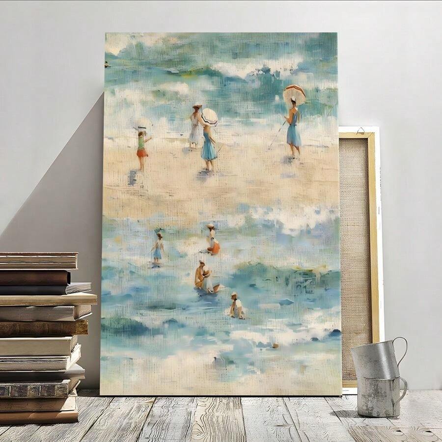 1 pieza Obra de arte de lienzo enmarcada, Paseo por la playa, Charm de verano, Impresión de arte estilo impresionista en lienzo, Pintura de póster de decoración de pared, Regalo ideal para dormitorio, sala de estar, pasillo, dormitorio, lista para colgar - Multicolor - Ver 1
