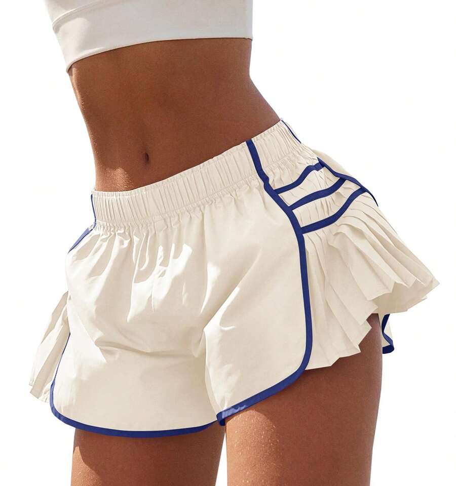 Fisoew Women's Workout Shorts - Lightweight Quick Dry Gym Running Shorts With Pleated Contrast Stitch | High Waisted Athletic Shorts, Yoga Tennis Volleyball, Plus Size, Summer Activewear - 米色 - 查看 1