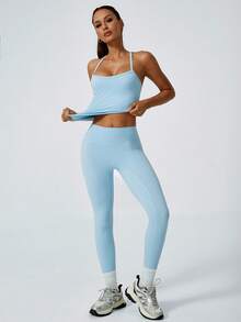 NcmRyu 1 套女士无缝弹力性感交叉后背运动文胸和紧身裤运动服套装 - 藍色 - 查看 7