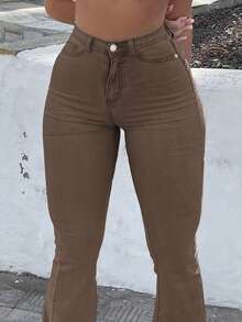Bootcut Women Jeans Solid Color High Slim Fit Waist Stretch Casual Versatile - màu nâu - Xem 2