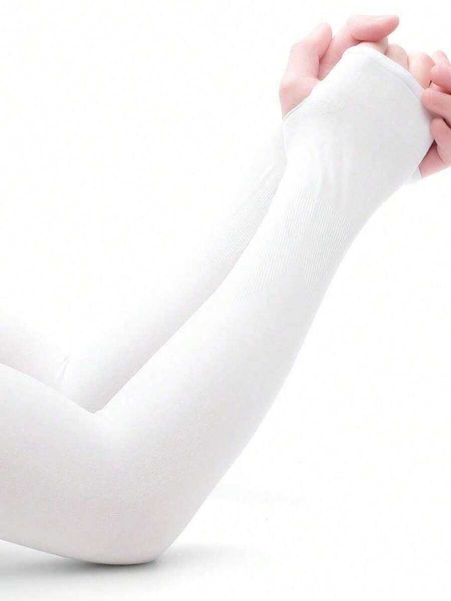Solid Color Ice Silk Arm Sleeves, Summer Cooling Sun Protection For Outdoor Activities Like Running, Fishing And Halloween - trắng - Xem 1