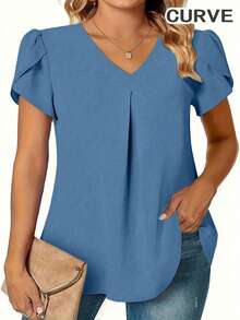 Plus Women's Solid V-Neck Petal Short Sleeve Blouse Tops - Blue - View 1
