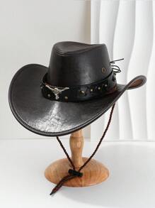1pc Unisex Solid Color PU Leather Cowboy Hat, Unique Shiny 3D Bull Head Design With Leather & Metal Rivet Wide Belt Decor, Wide Brim Sun Protection Hat, New Vintage Wide Brim Sun Hat, Adjustable Cord Cyberpunk Stylish Cool Novelty Punk Style Wide Brim Cap