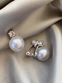 2 piezas Pendientes de clip con perlas falsas y rhinestones, de estilo vintage, elegantes y clásicos para mujeres, adecuados para bodas y eventos formales