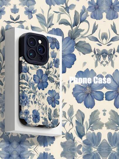 Flower 1pc Vintage Blue Floral Pattern Classic Vertical Faux Leather Soft Protective Phone Case Suit Compatible With Apple And 15/15 Plus/15 Pro/15 Pro Max Waterproof Shockproof Anti-Fall Scratch Resistant