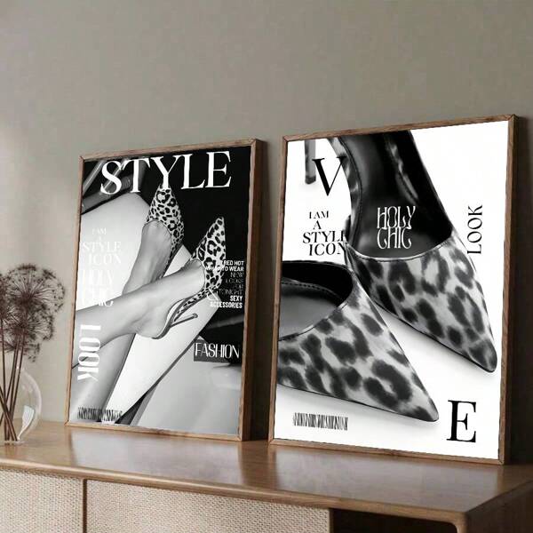 1/2pcs Retro Magazine Wall Art Picture Heels Leopard Prints Canvas Paintings Luxury High Fashion Posters Vintage Aesthetic Designer Decor For Living Room, Bedroom, Or Dorm Room Decor Gift For Her Unframed