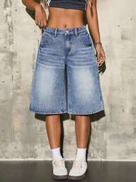 Shorts vaqueros de tiro alto tipo bermuda para mujer, pantalones cortos de mezclilla de ajuste holgado y casual para el verano