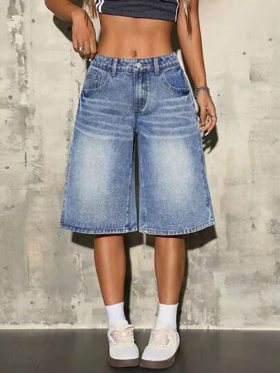 Women's High Waist Bermuda Denim Shorts, Fashionable Casual Loose Fit Jeans Shorts